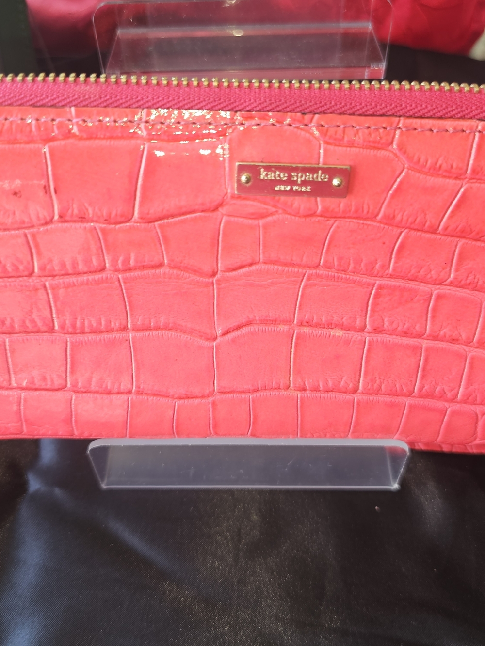 kate spade Croc-Embossed Zip Wallet in Bright Pink